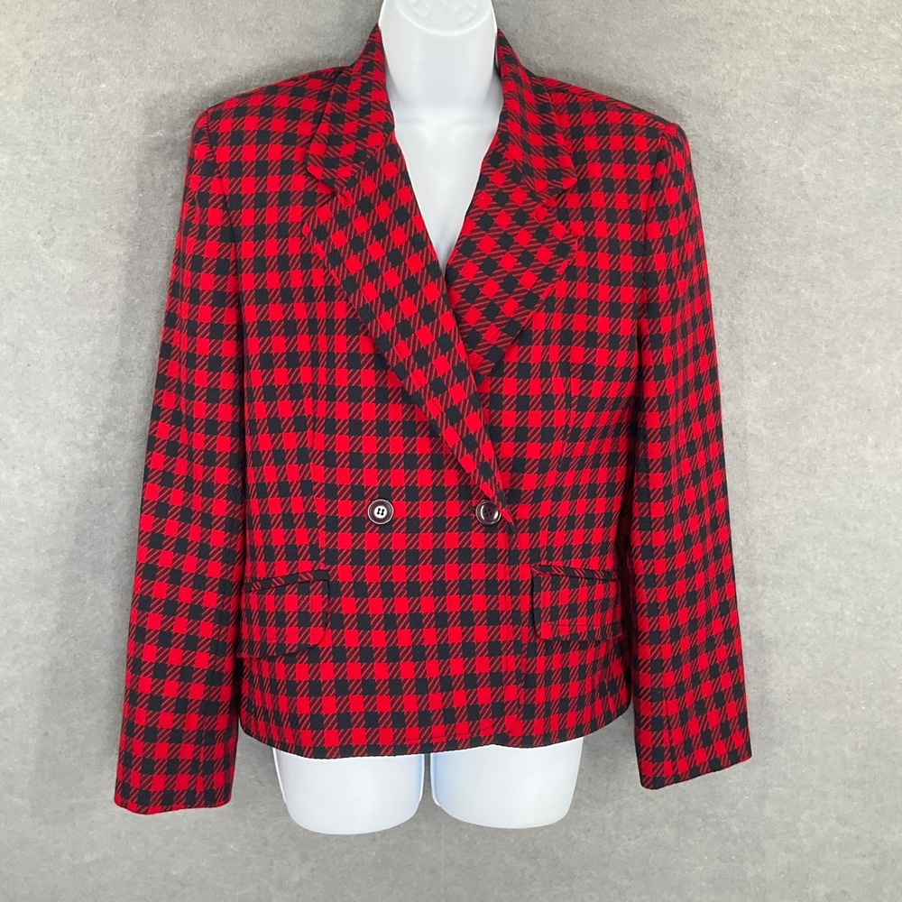 Liz Claiborne Blazer‎ Sz 8 Red Black Houndstooth Wool Double Breasted Vtg Retro